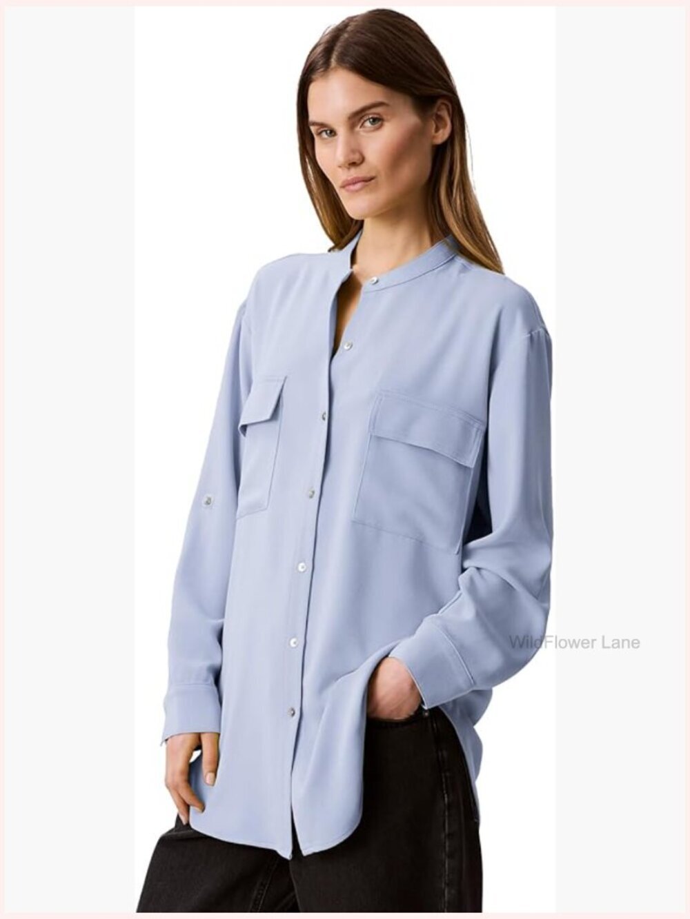 Relaxed Button-Down Shirt with Long Sleeves and Banded Collar